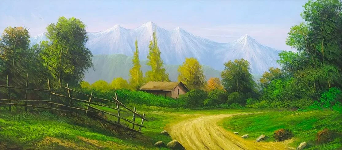 Paisaje de una casa de campo al pie de montañas, entre árboles y caminos
