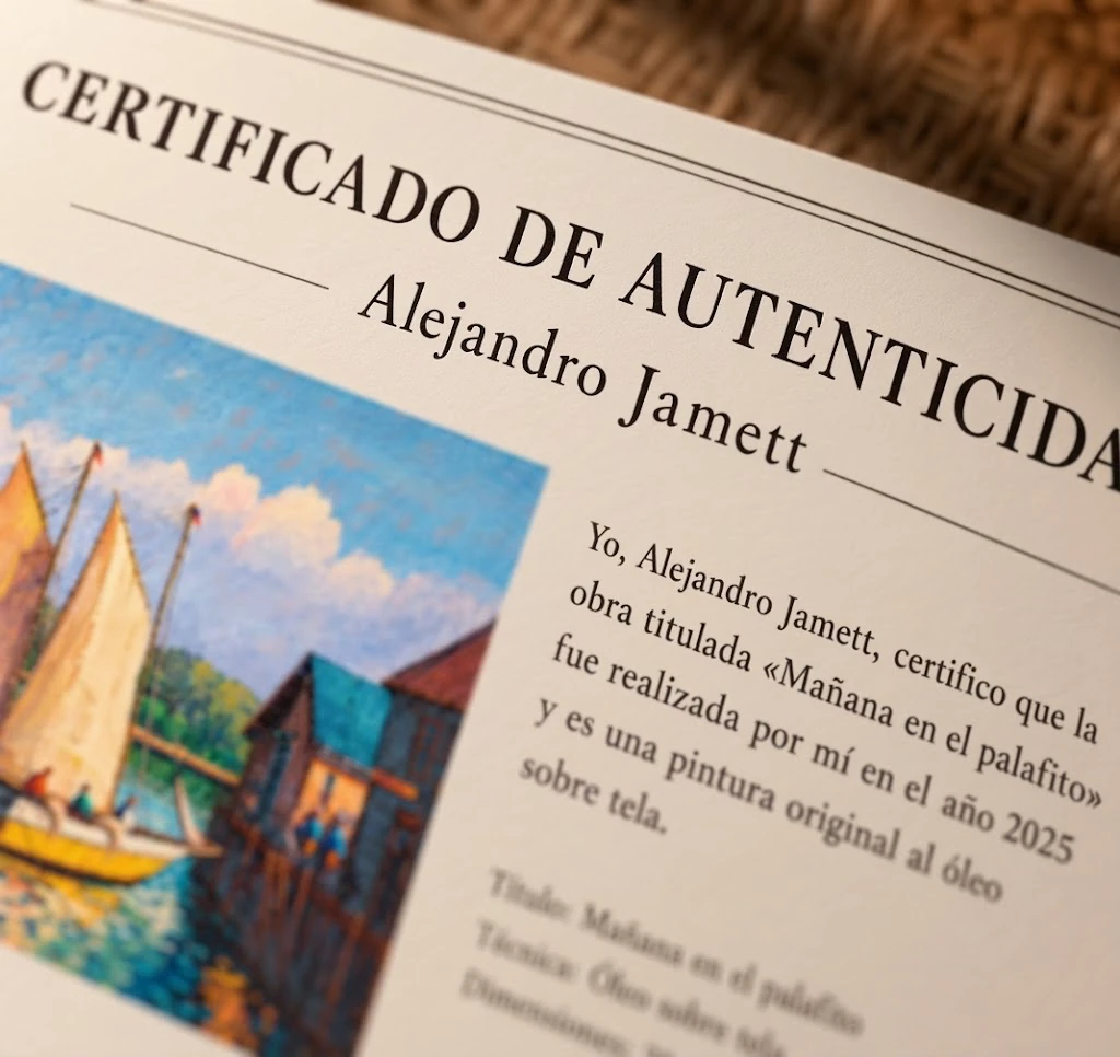 Detalle en ángulo del certificado de Alejandro Jamett: papel texturado, reproducción de la obra y declaración de autoría con desenfoque macro