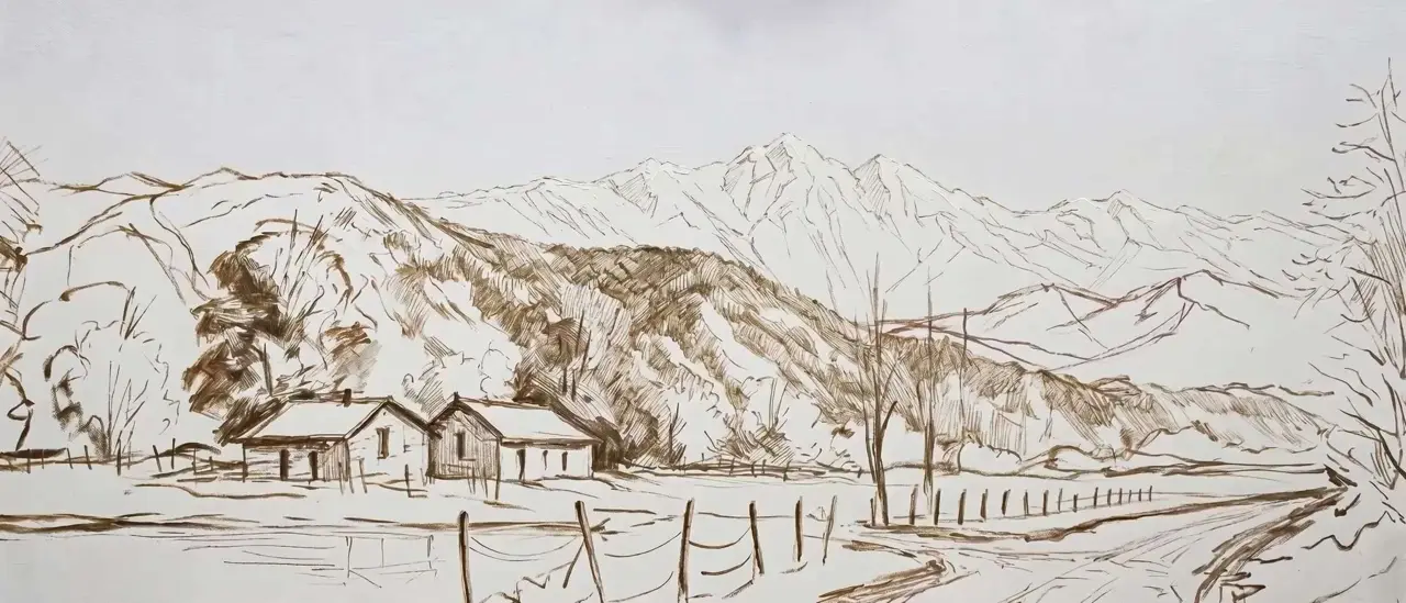 Un paisaje se transforma, del dibujo a una pintura enmarcada