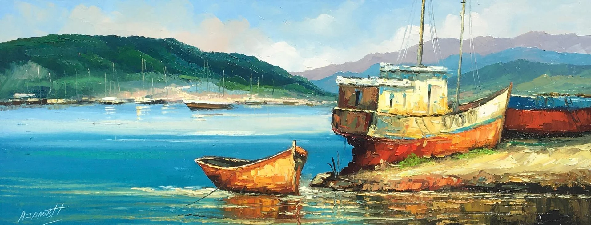 Embarcaciones de colores en una bahía de aguas azules